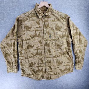 Woolrich Shirt Mens Large Tan Brown All Over Print Twig Moose Nature Dad Casual
